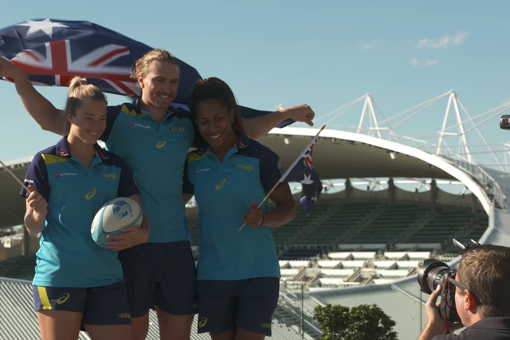 Sevens players above Allianz Stadium. Photo: Rugby AU Media