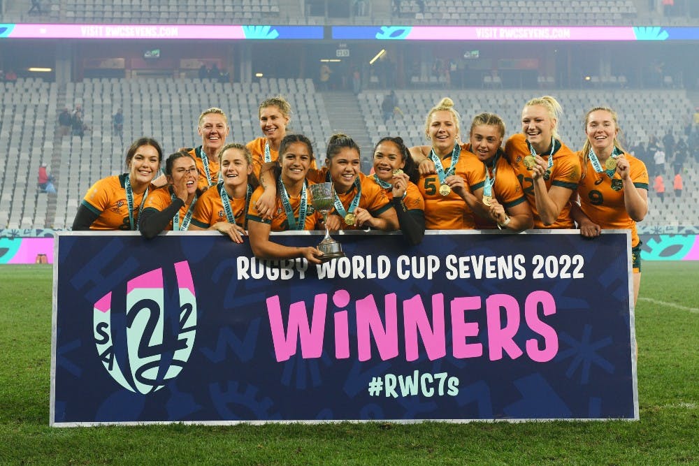 Rugby Australia congratulates the Aussie Women’s Sevens team after they won the Rugby World Cup Sevens in Cape Town. Photo: Mike Lee - KLC fotos