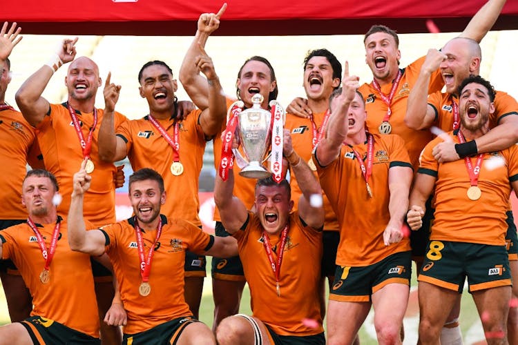 The Men's Sevens celebrate their World Series title success. Photo: AFP