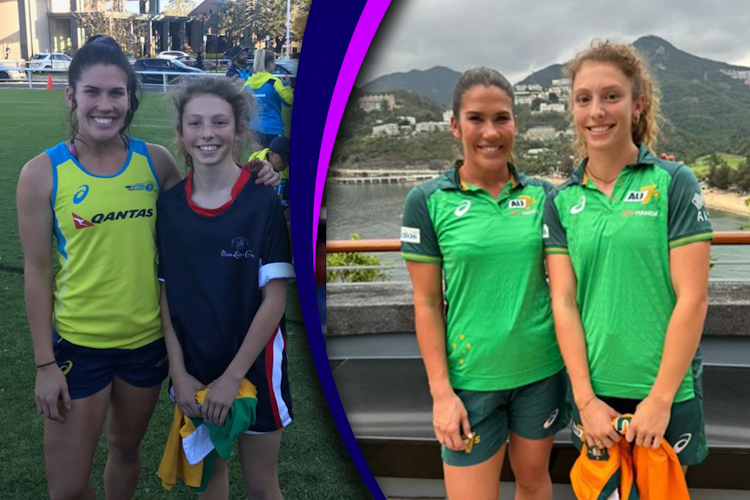 Before and After: Debutant Ruby Nicholas replicating her photo with Charlotte Caslick ahead of her debut. Photo Supplied
